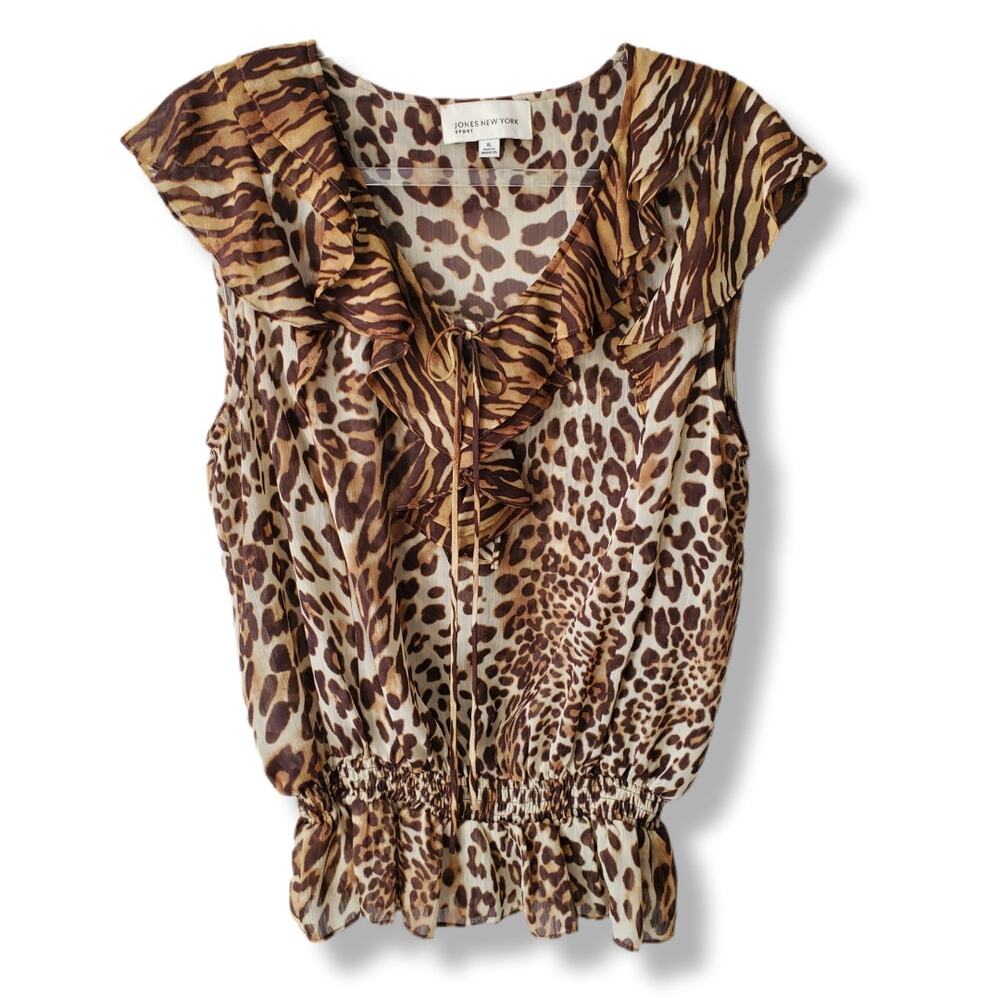 Vtg Y2K Women Ruffle Sleeveless Cheetah Blouse Top L Baddie Office Chic Indie